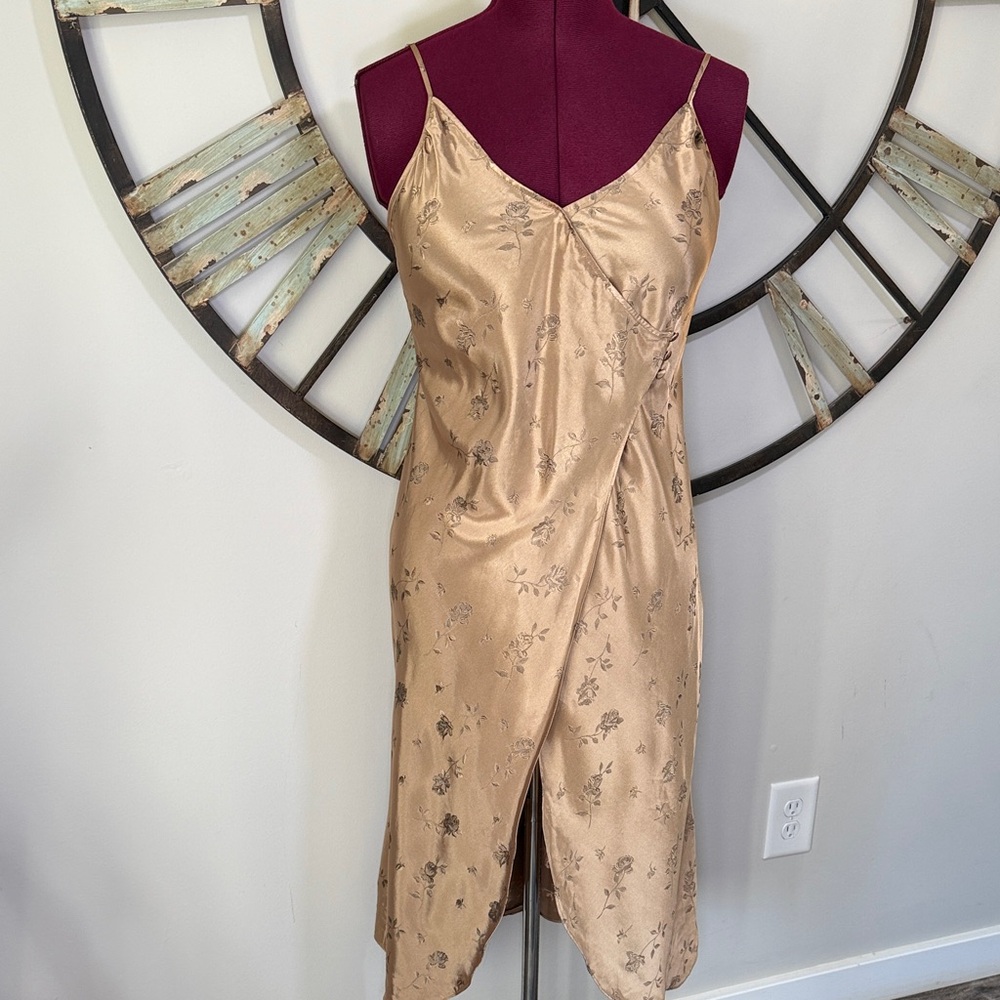Shimmering Tan Floral Satin Wrap Night Gown
